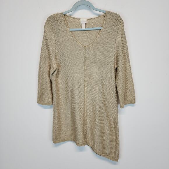 Chicos 2 Slanted Hem Heidi Sweater Size L Tan Metallic Slub Knit Chic Neutral - Picture 5 of 15